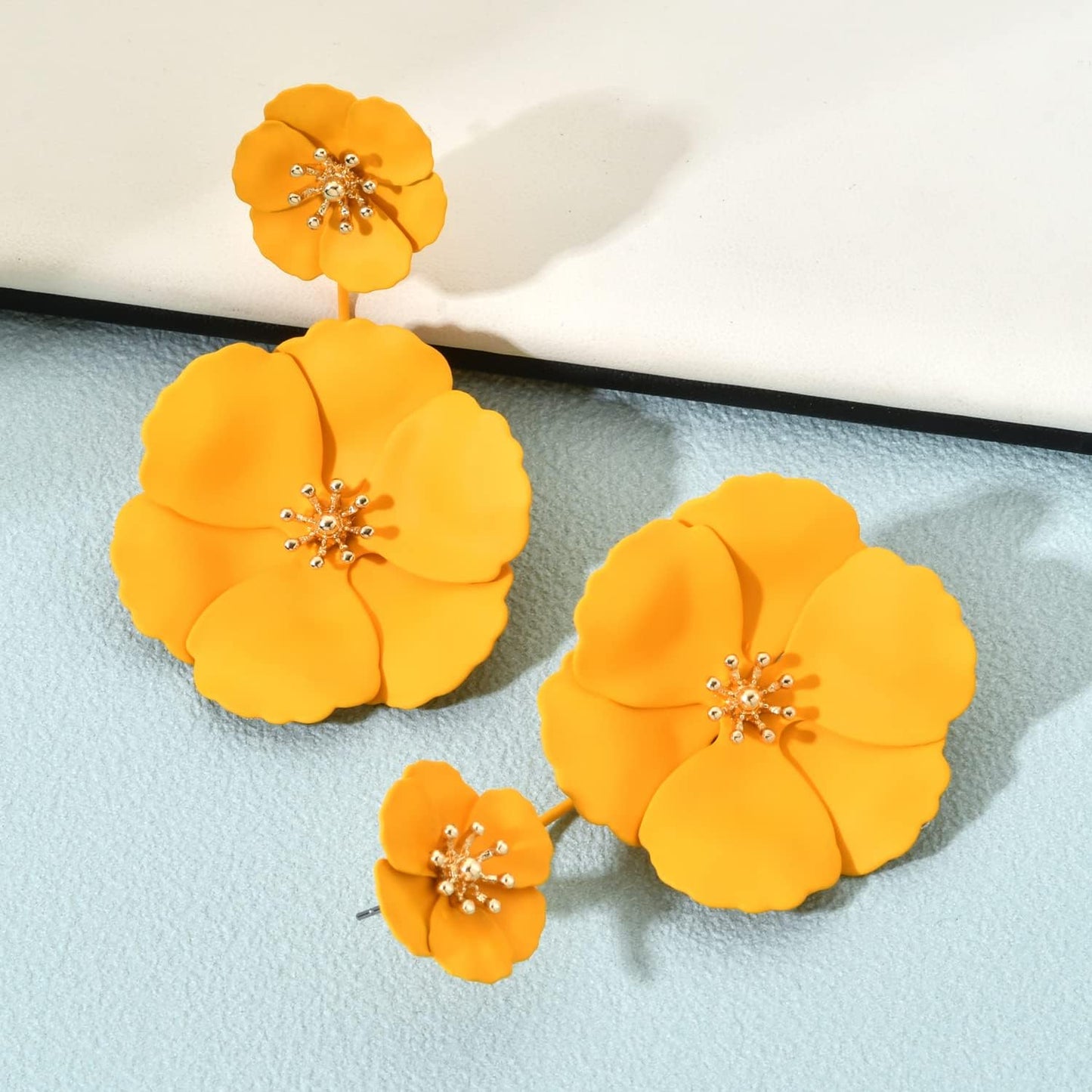 Metal Poppy Flower Dangle Earring- Matte Painted Dual Flower Floral Petal Tiered Drop for Women