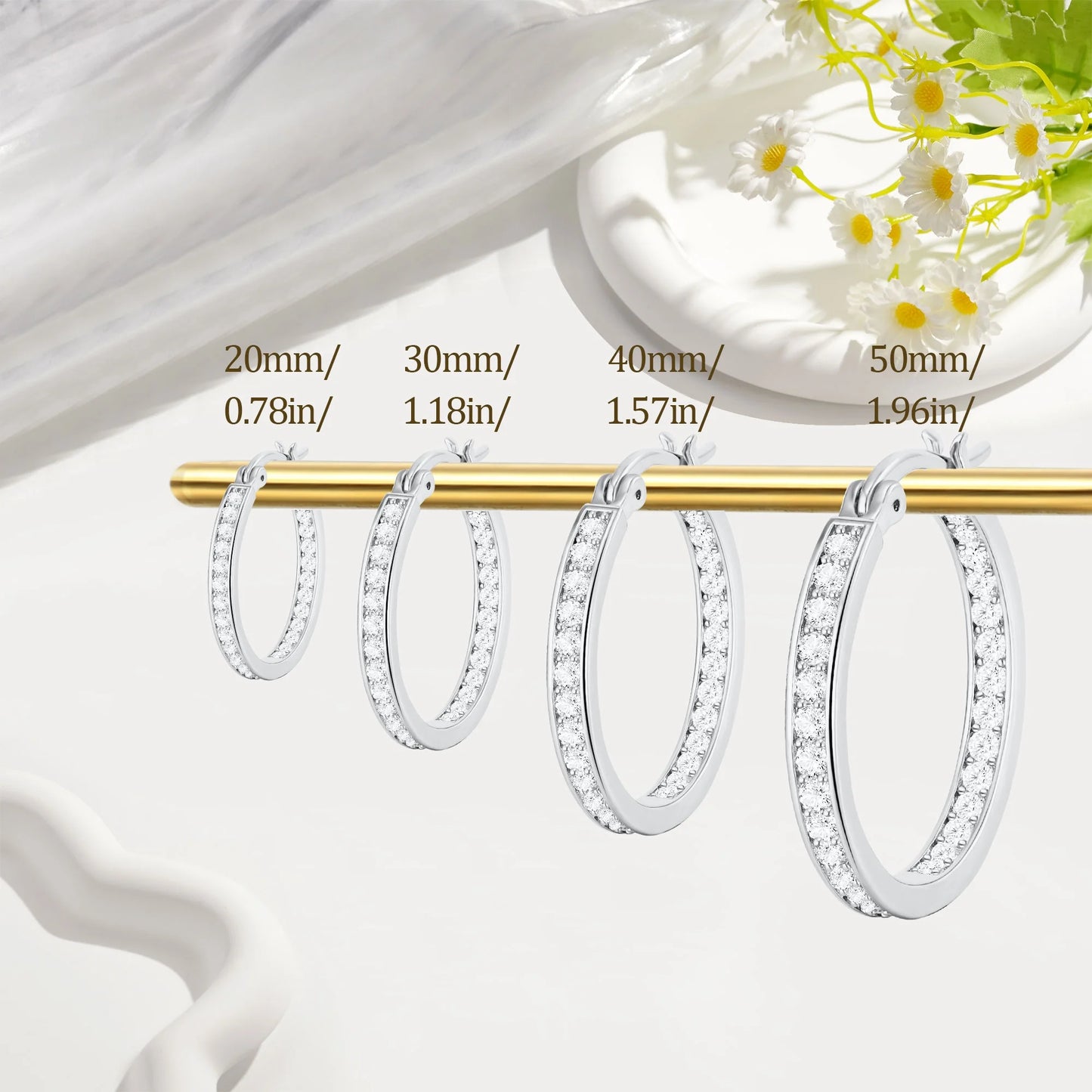 2 Pairs Big Large Extra 18K White Gold Plated Hoop Earrings for Women CZ Huggie Hypoallergenic Earrings Set Chunky Silver Hoop Earrings Set 40/50MM Crystal Earring Wedding Birthday Jewelry Gift
