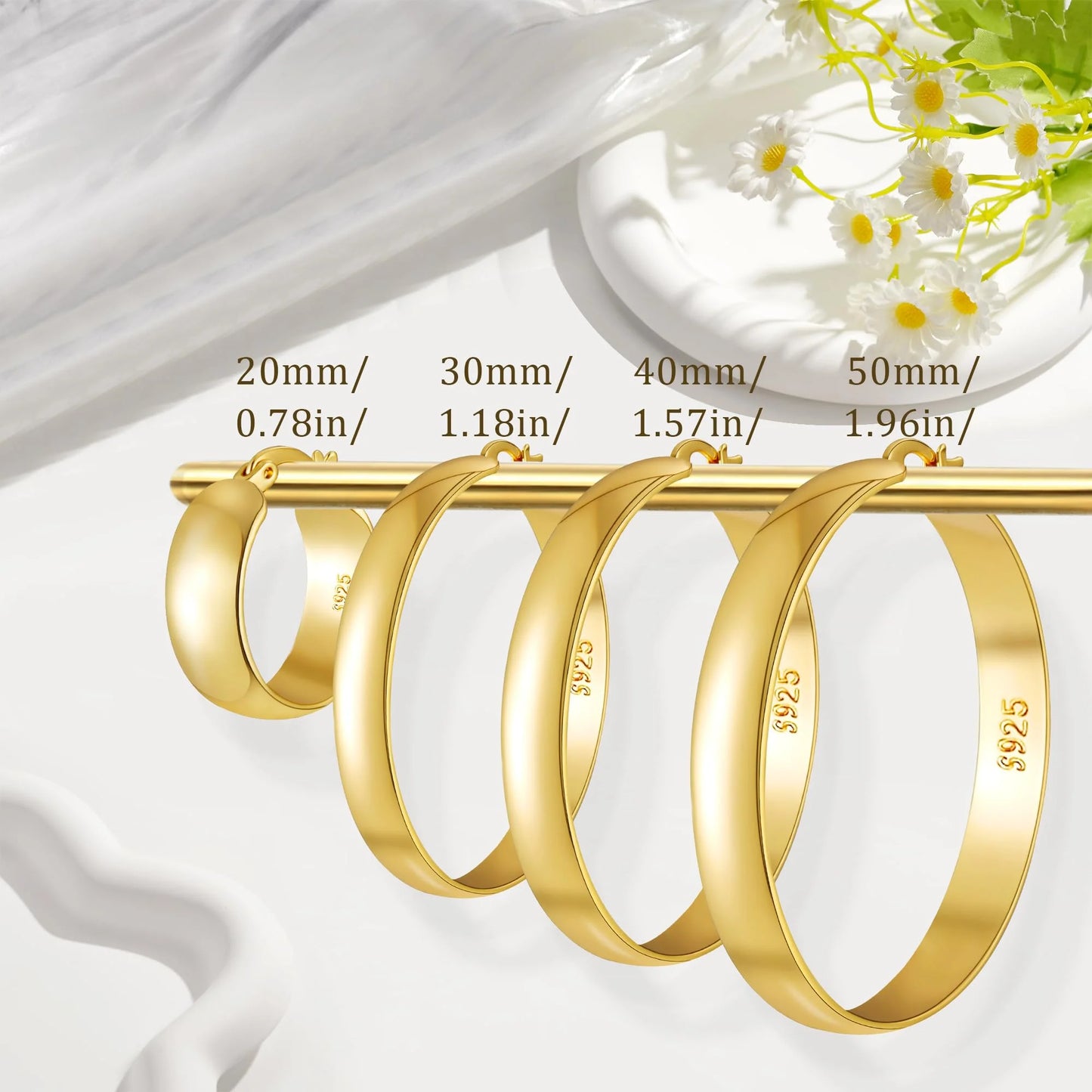4 Pairs Big Large Extra Chunky 18K Gold Plated Sterling Silver Hoops Earrings for Women 7Mm Thick Hoop Earrings Set 20/30/40/50MM Birthday Jewelry Gifts Ideas Mom Wife Daughter Girlfriend Age