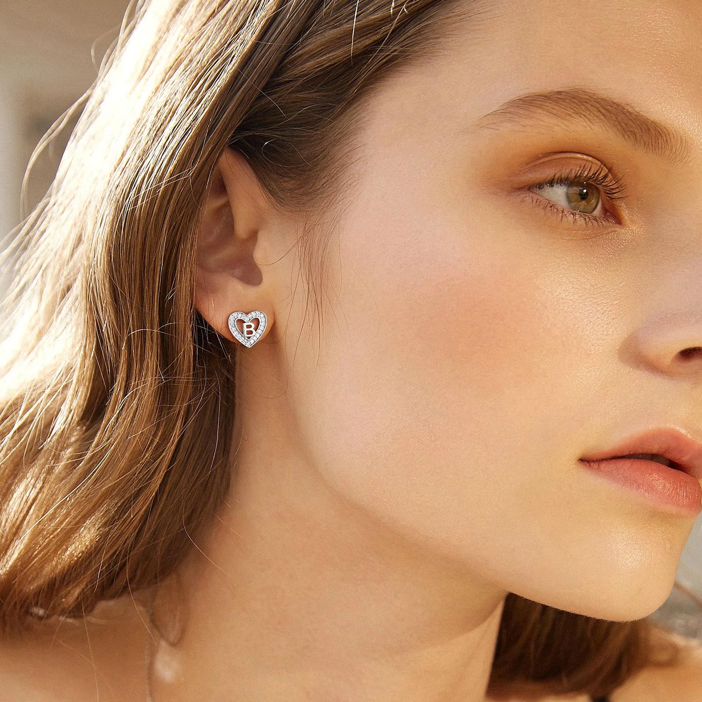 Heart Initial Earrings Hypoallergenic 925 Sterling Silver Stud Earrings CZ Letter Earring for Women Birthday Jewelry Gift, Letter B