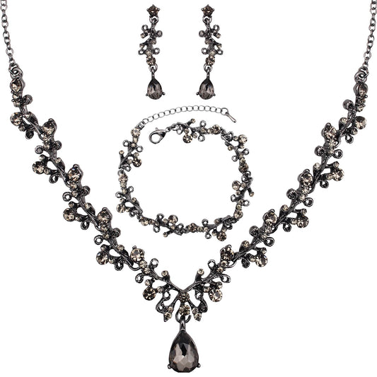 3Pcs Austrian Crystal Jewelry Set for Women Necklace Dangle Earrings Link Bracelet Jewelry Set with Gold/Platinum/Gun Plated Wedding Party Jewelry for Bridal Bridesmaid (Black Diamond-Jet)