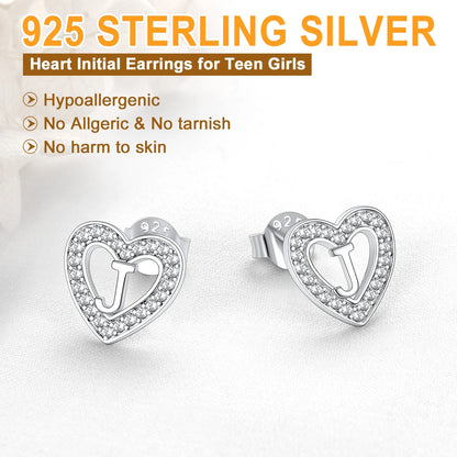 Heart Initial Earrings Hypoallergenic 925 Sterling Silver Stud Earrings CZ Letter Earring for Women Birthday Jewelry Gift, Letter B