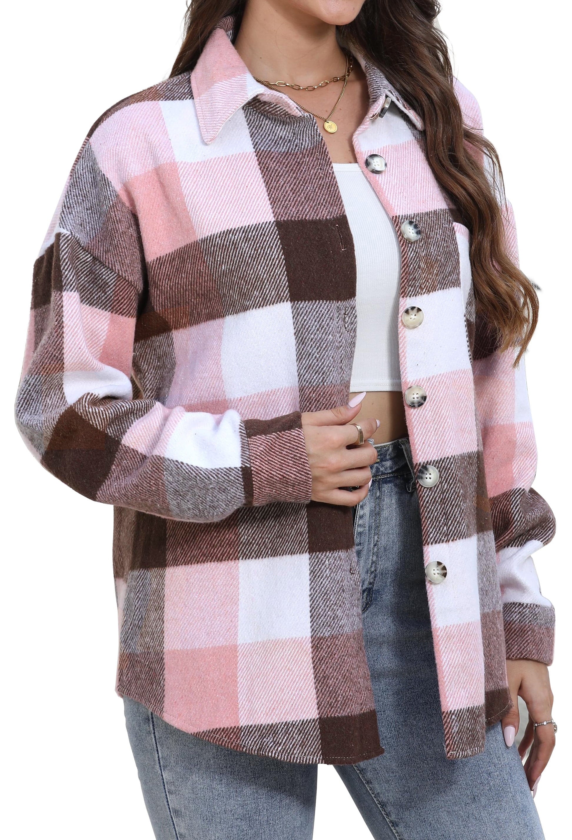 Womens Plaid Shirts Flannel Shacket Jacket Long Sleeve Button down Boyfriend Shirt Coats