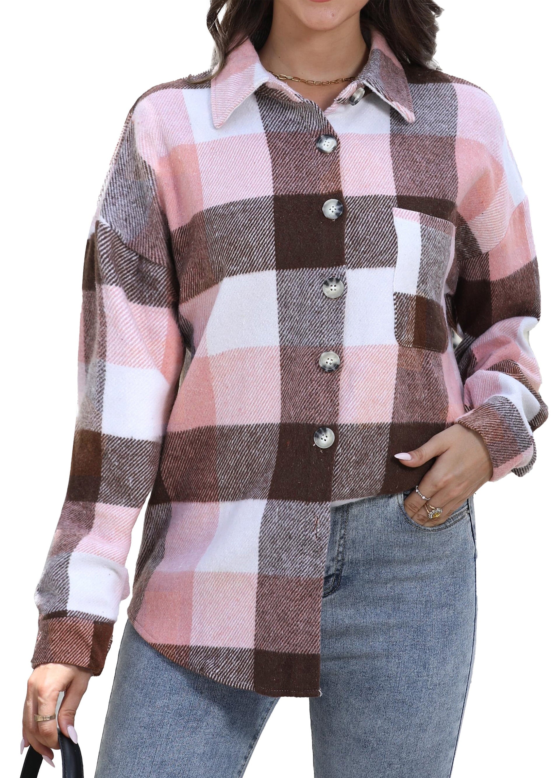 Womens Plaid Shirts Flannel Shacket Jacket Long Sleeve Button down Boyfriend Shirt Coats