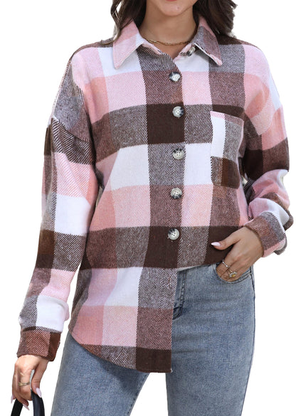 Womens Plaid Shirts Flannel Shacket Jacket Long Sleeve Button down Boyfriend Shirt Coats