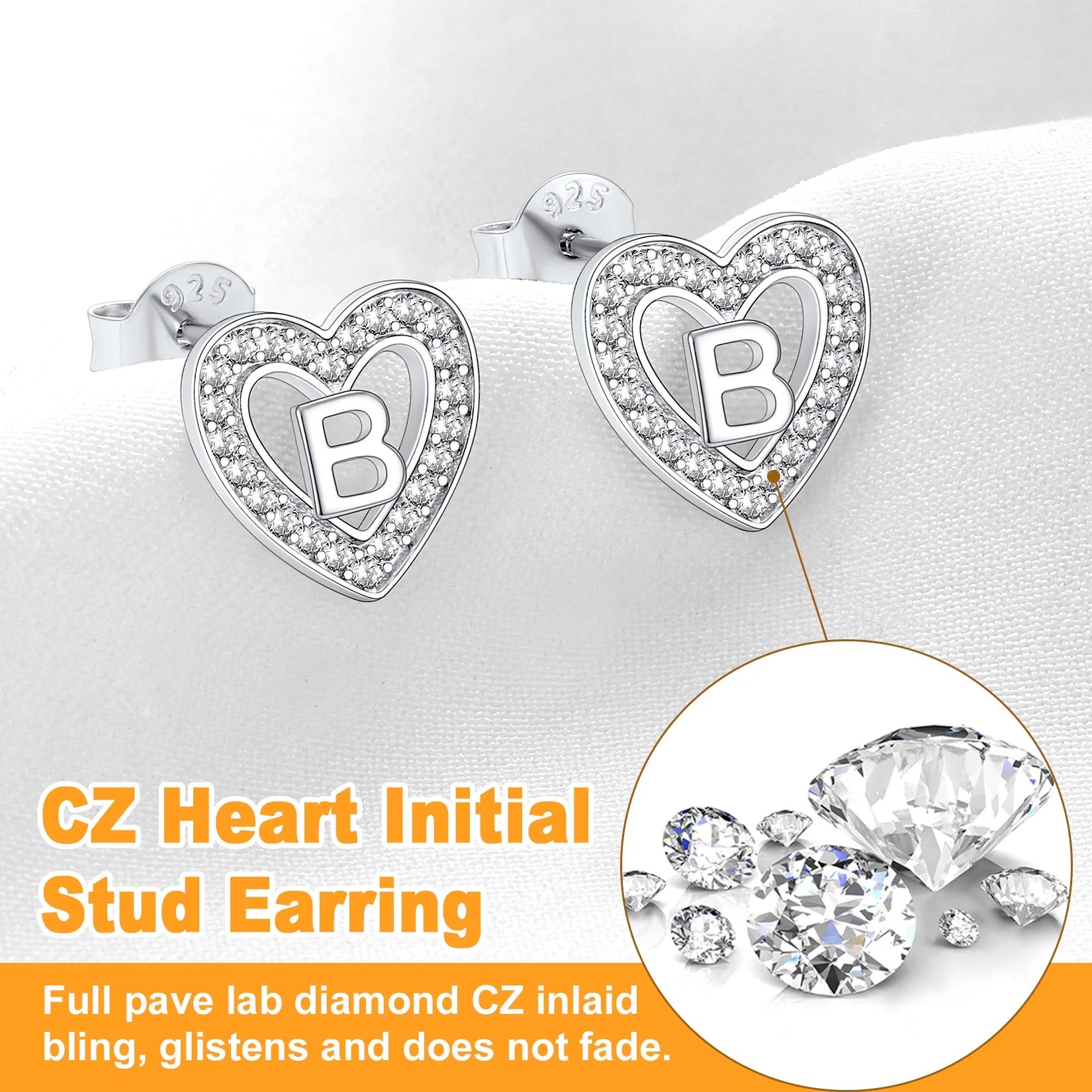 Heart Initial Earrings Hypoallergenic 925 Sterling Silver Stud Earrings CZ Letter Earring for Women Birthday Jewelry Gift, Letter B