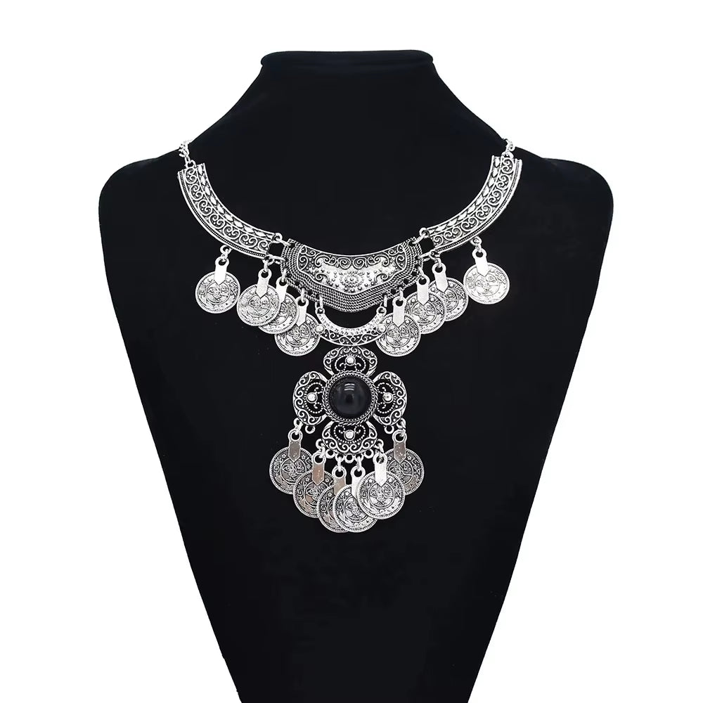 Ethnic Gypsy Vintage Metal Coin Tassel Necklaces Carved Flower for Women Boho Tibetan Silver Necklaces Turkish Tribal Jewelry