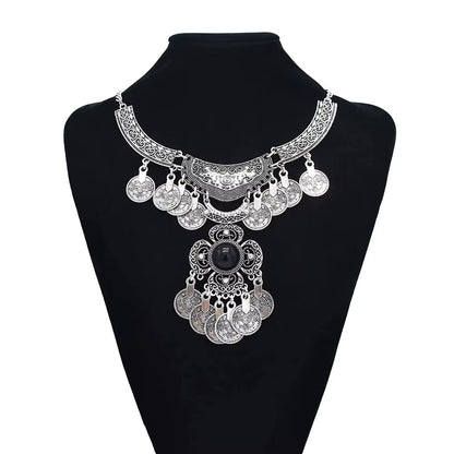 Ethnic Gypsy Vintage Metal Coin Tassel Necklaces Carved Flower for Women Boho Tibetan Silver Necklaces Turkish Tribal Jewelry