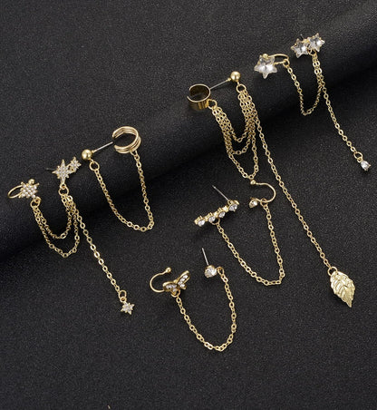 6-12Pcs Cuff Earring Chain Leaf Snowflake Star Butterfly with CZ Crawler Climber Earring Studs Drop Dangling Chain Wrap Tassel Earring for Women Men 20G Silver Gold Tone