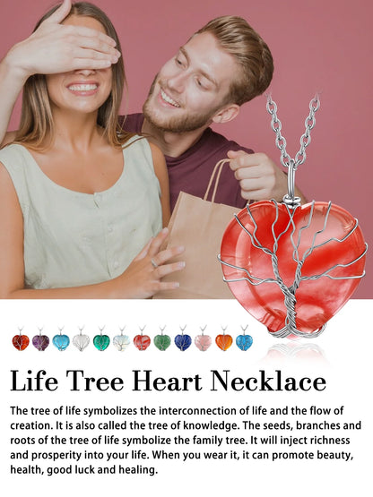 Tree of Life Heart Crystal Necklaces July Birthstone Pendant Nature Red Agate Gemstones Healing Necklaces