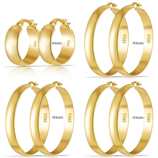 4 Pairs Big Large Extra Chunky 18K Gold Plated Sterling Silver Hoops Earrings for Women 7Mm Thick Hoop Earrings Set 20/30/40/50MM Birthday Jewelry Gifts Ideas Mom Wife Daughter Girlfriend Age