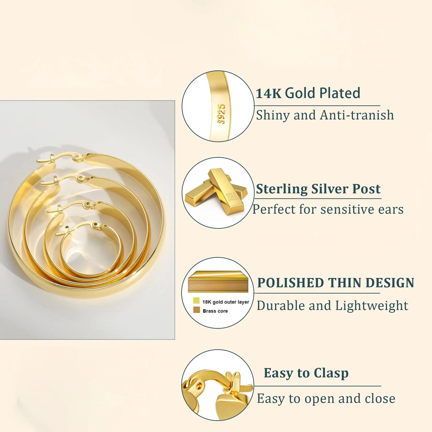 4 Pairs Big Large Extra Chunky 18K Gold Plated Sterling Silver Hoops Earrings for Women 7Mm Thick Hoop Earrings Set 20/30/40/50MM Birthday Jewelry Gifts Ideas Mom Wife Daughter Girlfriend Age