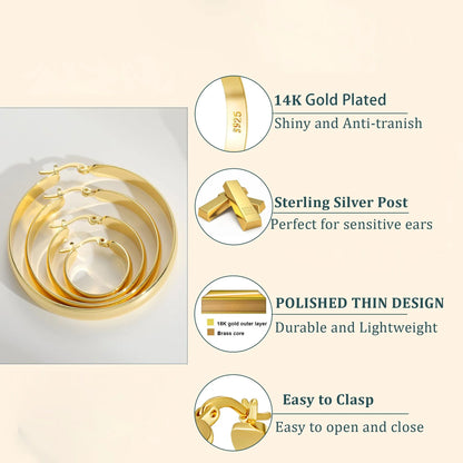 4 Pairs Big Large Extra Chunky 18K Gold Plated Sterling Silver Hoops Earrings for Women 7Mm Thick Hoop Earrings Set 20/30/40/50MM Birthday Jewelry Gifts Ideas Mom Wife Daughter Girlfriend Age