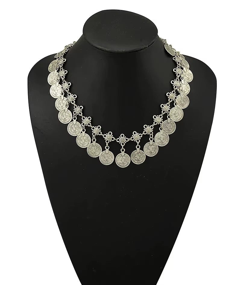 Ethnic Gypsy Vintage Metal Coin Tassel Necklaces Carved Flower for Women Boho Tibetan Silver Necklaces Turkish Tribal Jewelry