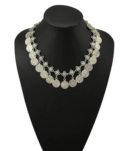 Ethnic Gypsy Vintage Metal Coin Tassel Necklaces Carved Flower for Women Boho Tibetan Silver Necklaces Turkish Tribal Jewelry