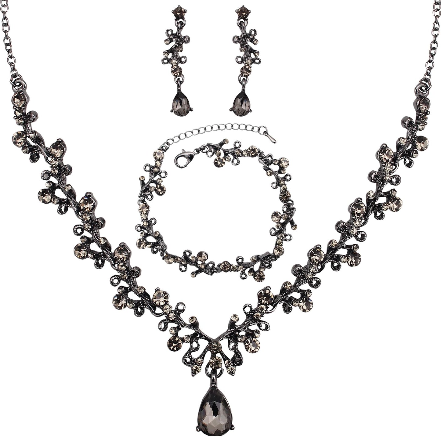 3Pcs Austrian Crystal Jewelry Set for Women Necklace Dangle Earrings Link Bracelet Jewelry Set with Gold/Platinum/Gun Plated Wedding Party Jewelry for Bridal Bridesmaid (Black Diamond-Jet)