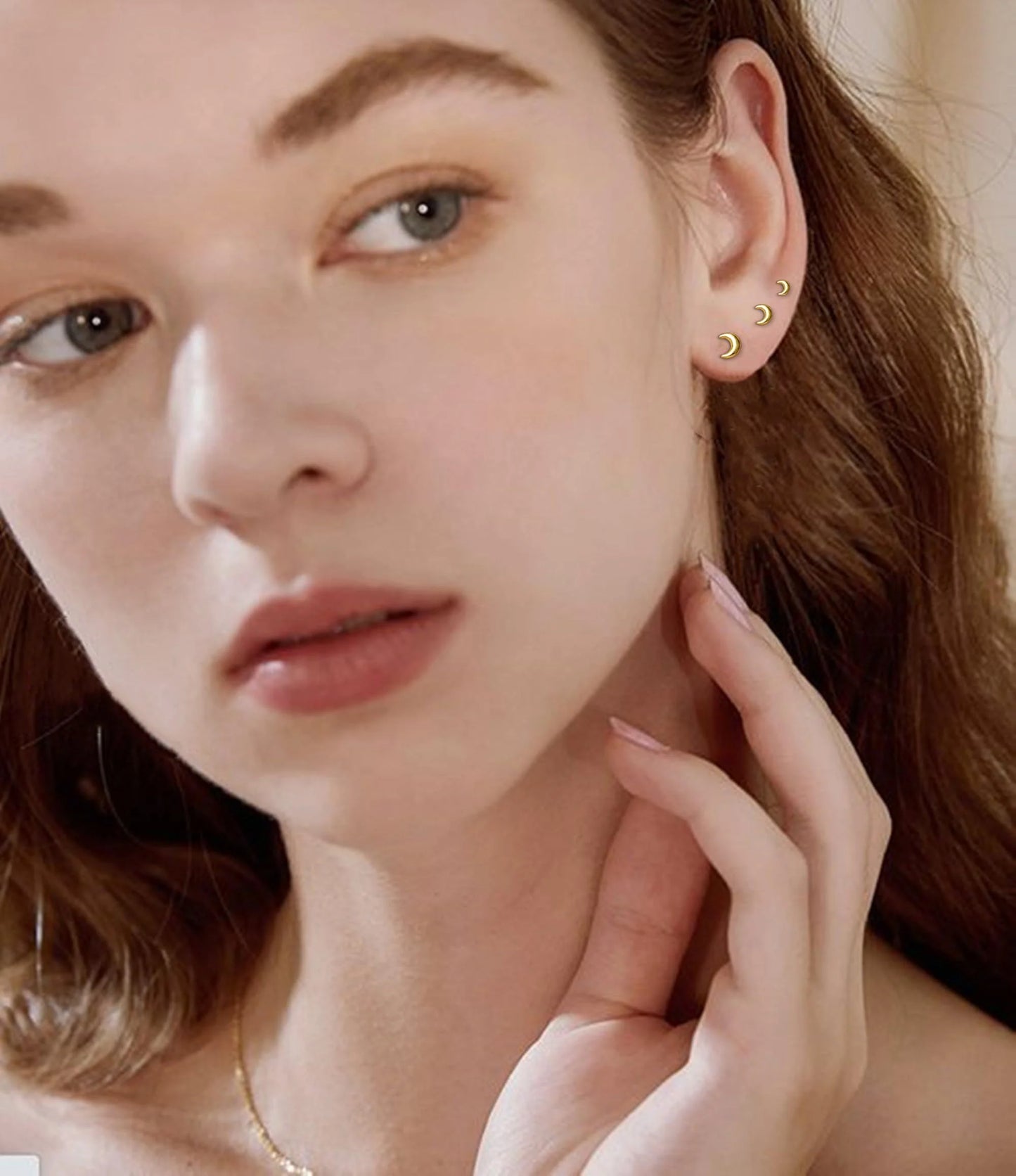 3 Pairs 18K Gold Plated Moon Stud Earrings for Women Small Cartilage Hypoallergenic Post Earring Sets for Multiple Piercing Birthday Valentines Day Jewelry Gifts Teen Girlfriend Wife Her Age