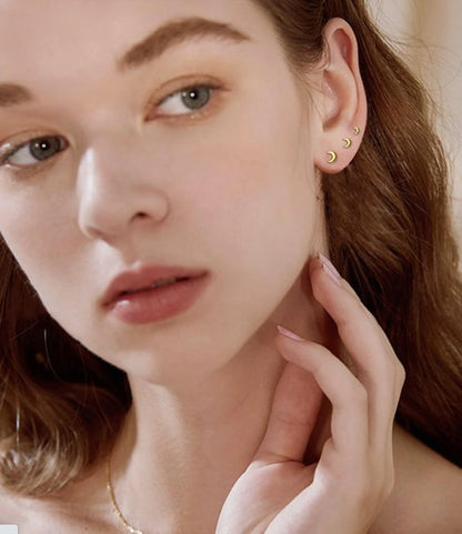 3 Pairs 18K Gold Plated Moon Stud Earrings for Women Small Cartilage Hypoallergenic Post Earring Sets for Multiple Piercing Birthday Valentines Day Jewelry Gifts Teen Girlfriend Wife Her Age