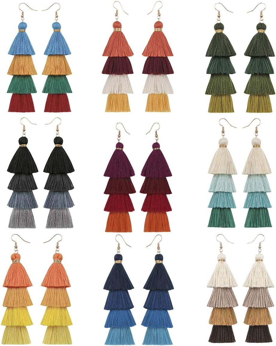 Women 3-9 Pairs Colorful Long Tassel Thread Ball Dangle Earrings Boho Black Red Sequin Drop Earrings