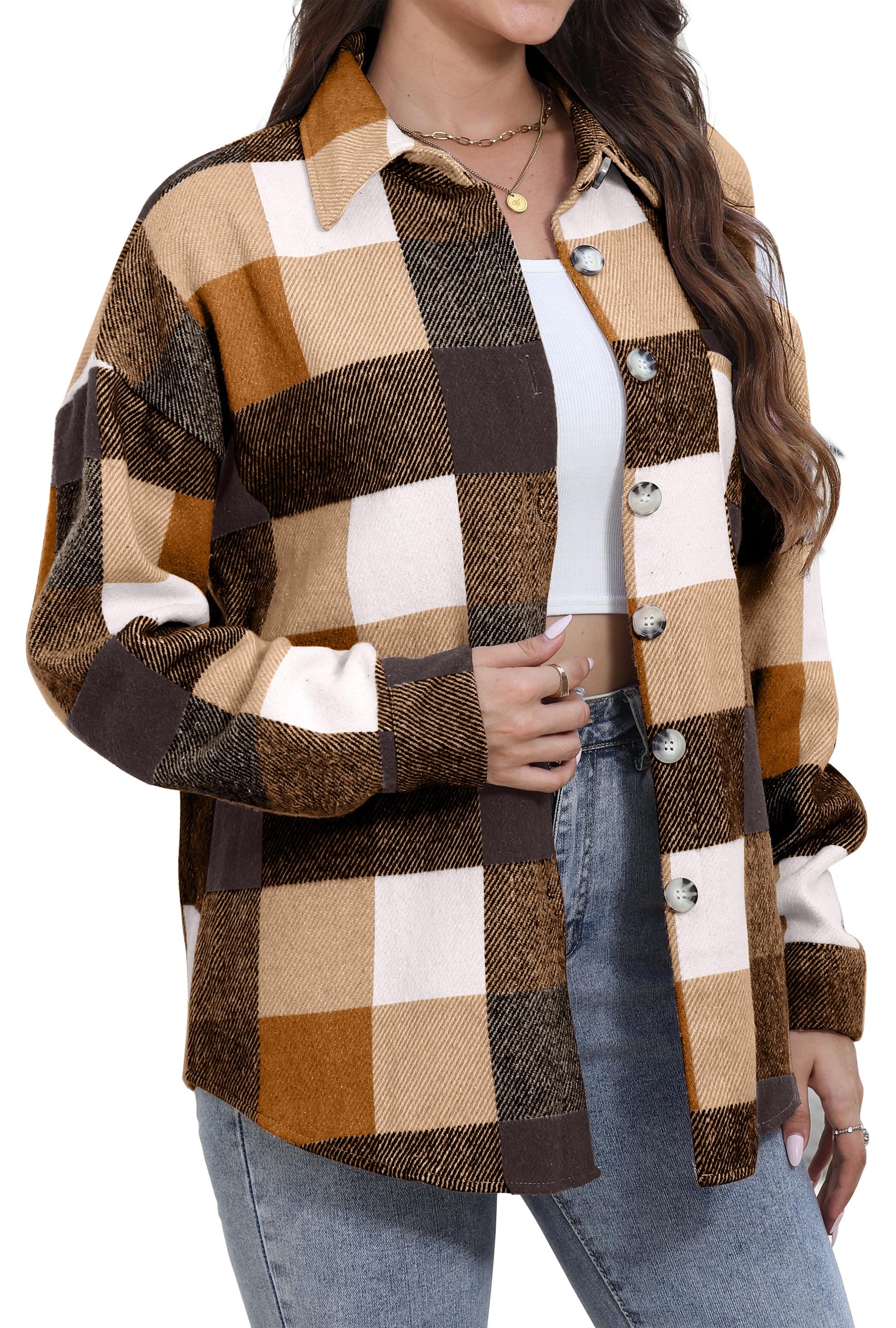 Womens Plaid Shirts Flannel Shacket Jacket Long Sleeve Button down Boyfriend Shirt Coats