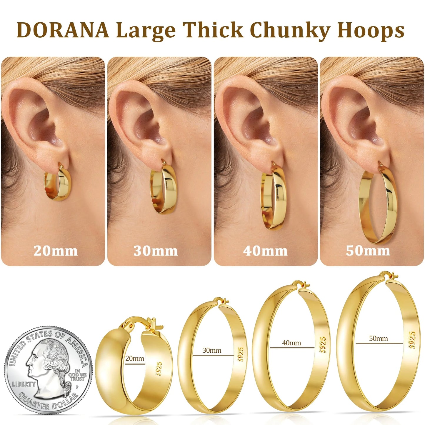4 Pairs Big Large Extra Chunky 18K Gold Plated Sterling Silver Hoops Earrings for Women 7Mm Thick Hoop Earrings Set 20/30/40/50MM Birthday Jewelry Gifts Ideas Mom Wife Daughter Girlfriend Age