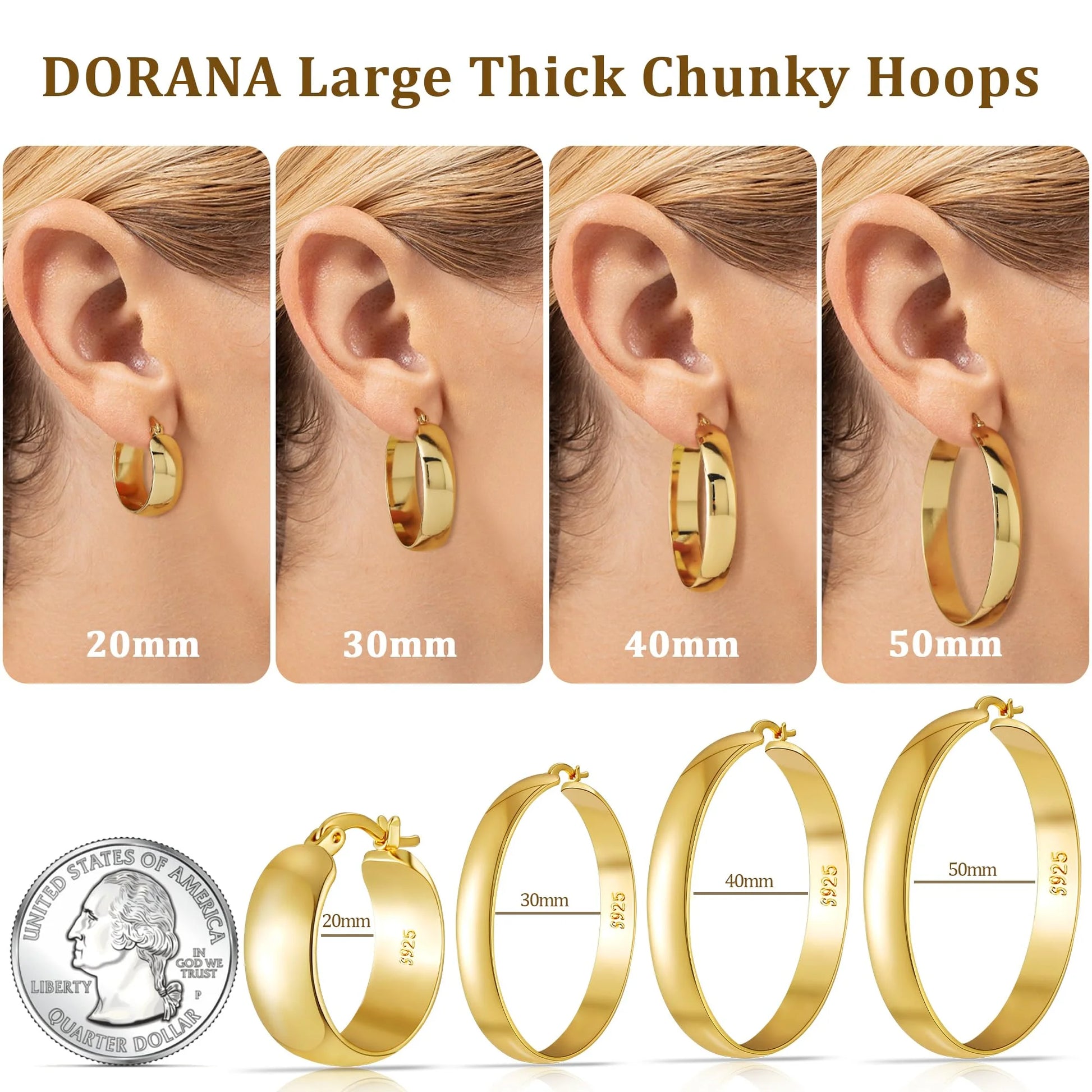 4 Pairs Big Large Extra Chunky 18K Gold Plated Sterling Silver Hoops Earrings for Women 7Mm Thick Hoop Earrings Set 20/30/40/50MM Birthday Jewelry Gifts Ideas Mom Wife Daughter Girlfriend Age