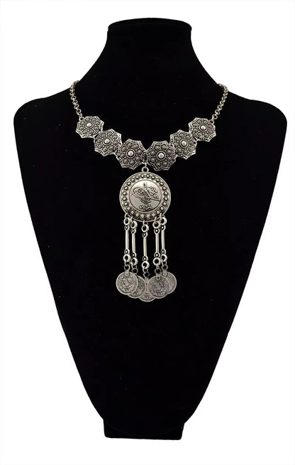 Ethnic Gypsy Vintage Metal Coin Tassel Necklaces Carved Flower for Women Boho Tibetan Silver Necklaces Turkish Tribal Jewelry