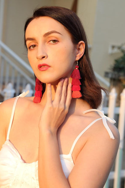 Women 3-9 Pairs Colorful Long Tassel Thread Ball Dangle Earrings Boho Black Red Sequin Drop Earrings