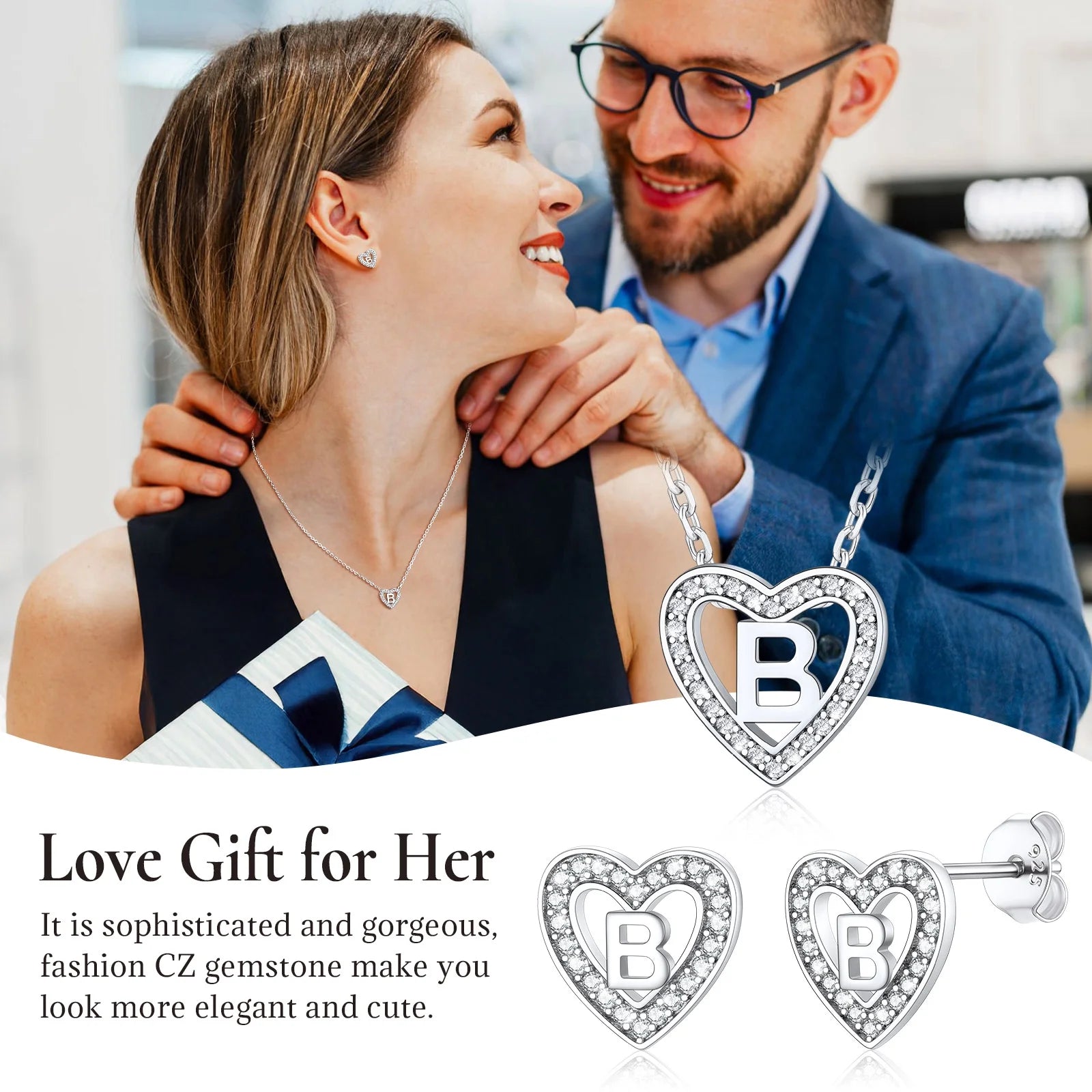 Heart Initial Earrings Hypoallergenic 925 Sterling Silver Stud Earrings CZ Letter Earring for Women Birthday Jewelry Gift, Letter B