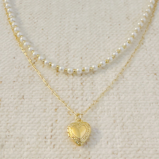 Pearls and Heart Locket Layered Necklace
