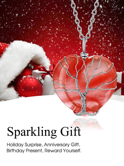 Tree of Life Heart Crystal Necklaces July Birthstone Pendant Nature Red Agate Gemstones Healing Necklaces
