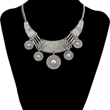 Ethnic Gypsy Vintage Metal Coin Tassel Necklaces Carved Flower for Women Boho Tibetan Silver Necklaces Turkish Tribal Jewelry