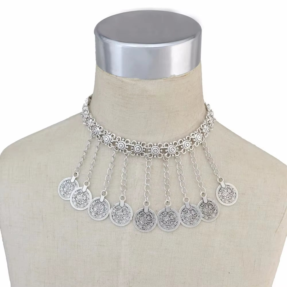 Ethnic Gypsy Vintage Metal Coin Tassel Necklaces Carved Flower for Women Boho Tibetan Silver Necklaces Turkish Tribal Jewelry