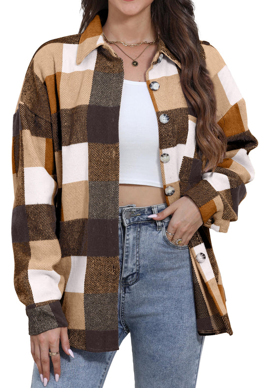 Womens Plaid Shirts Flannel Shacket Jacket Long Sleeve Button down Boyfriend Shirt Coats