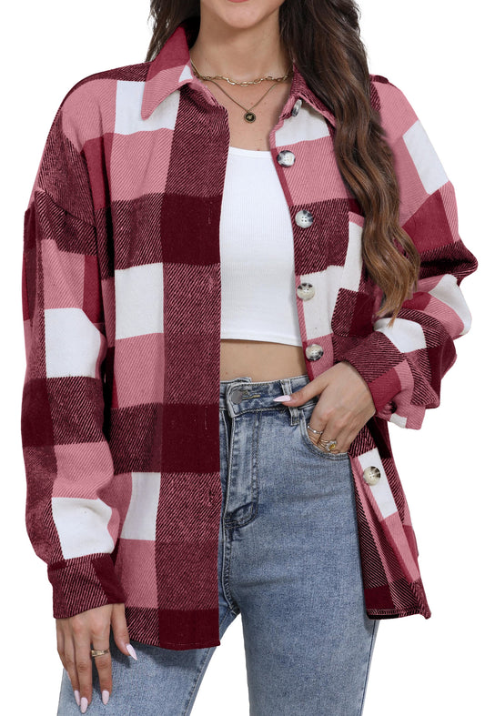 Womens Plaid Shirts Flannel Shacket Jacket Long Sleeve Button down Boyfriend Shirt Coats