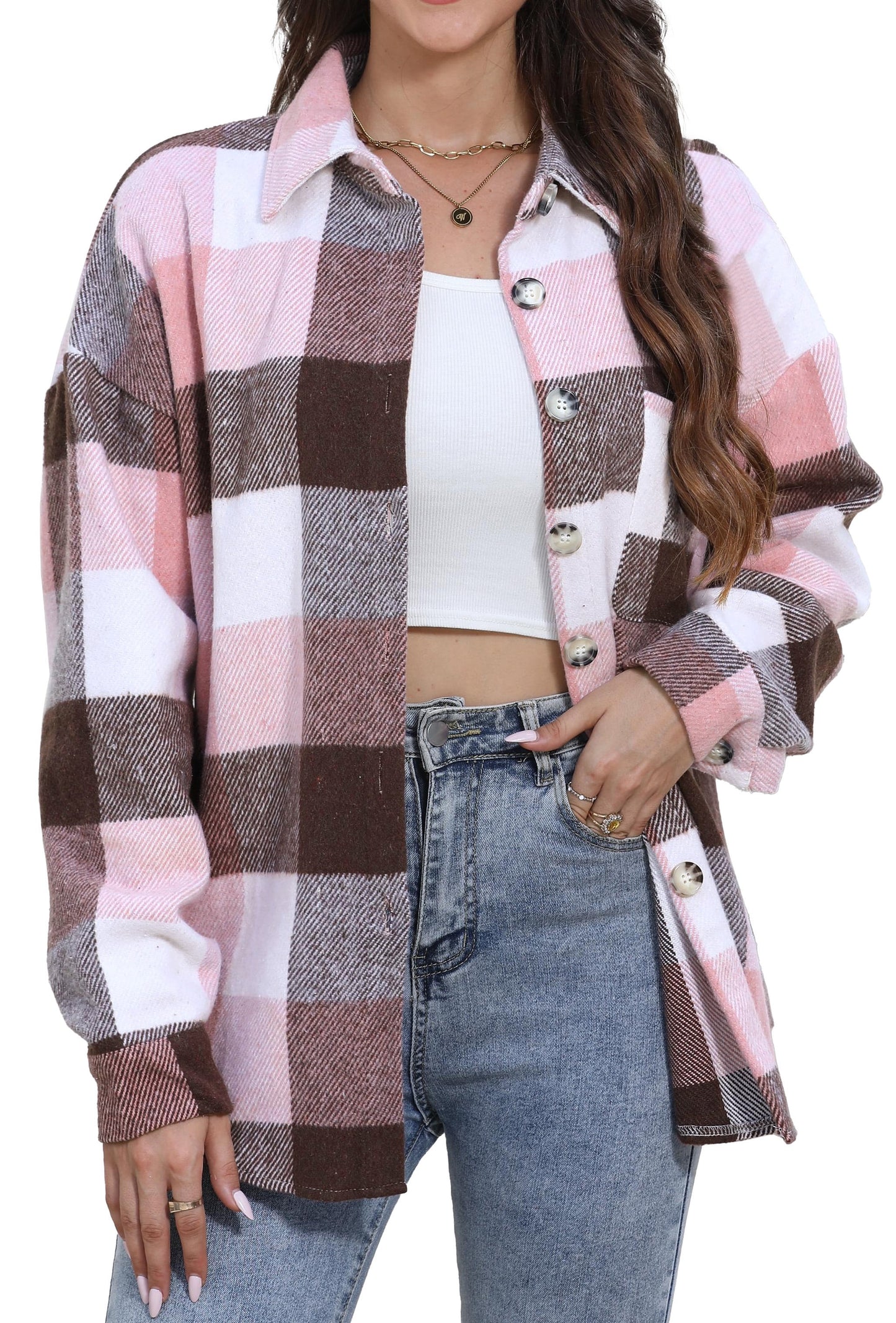 Womens Plaid Shirts Flannel Shacket Jacket Long Sleeve Button down Boyfriend Shirt Coats