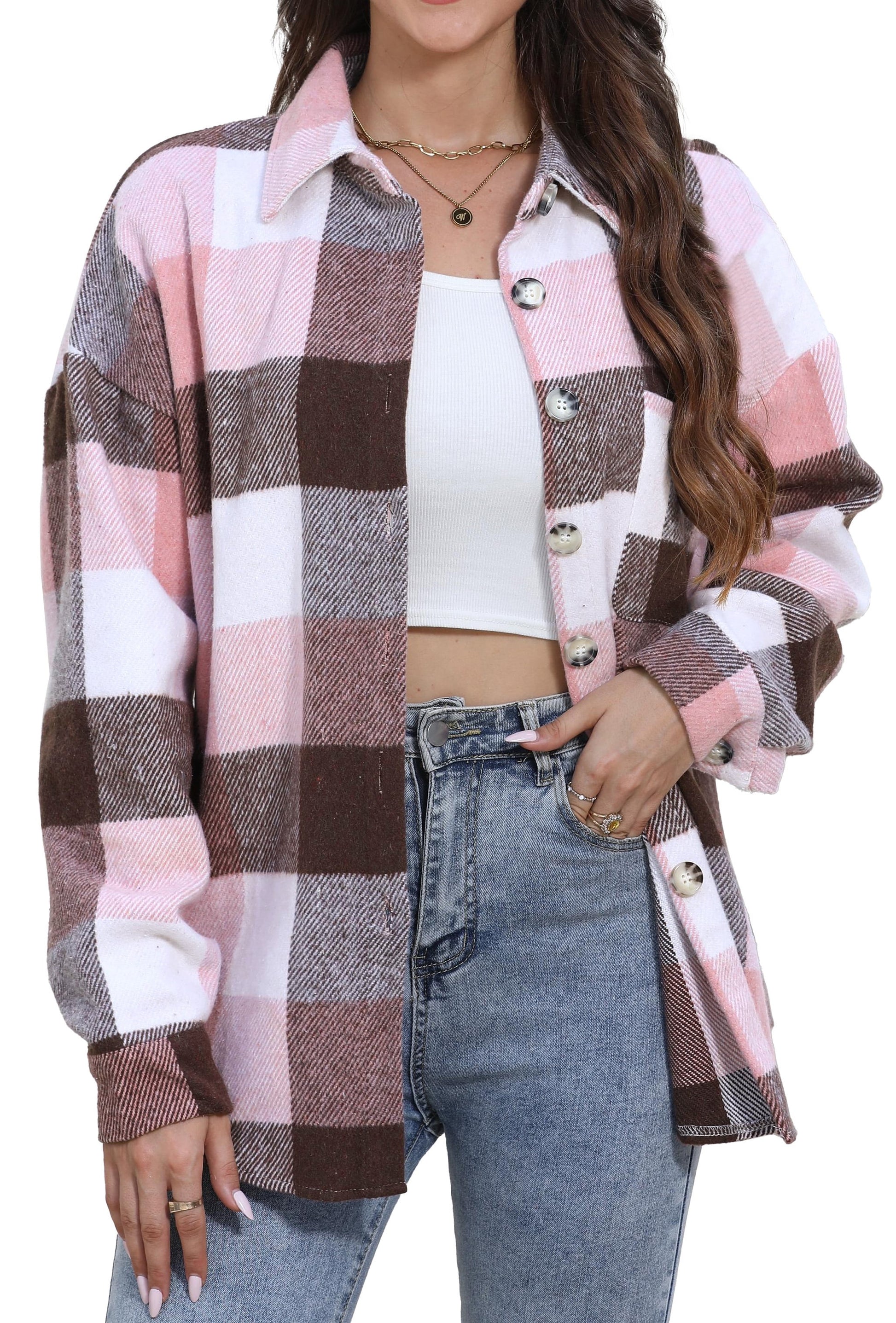 Womens Plaid Shirts Flannel Shacket Jacket Long Sleeve Button down Boyfriend Shirt Coats