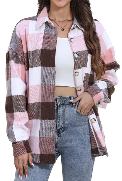 Womens Plaid Shirts Flannel Shacket Jacket Long Sleeve Button down Boyfriend Shirt Coats