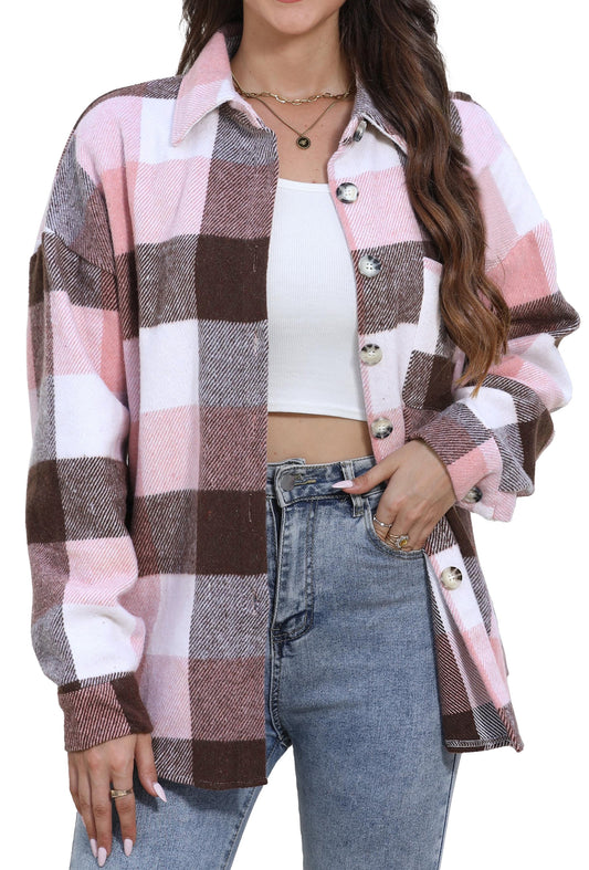 Womens Plaid Shirts Flannel Shacket Jacket Long Sleeve Button down Boyfriend Shirt Coats