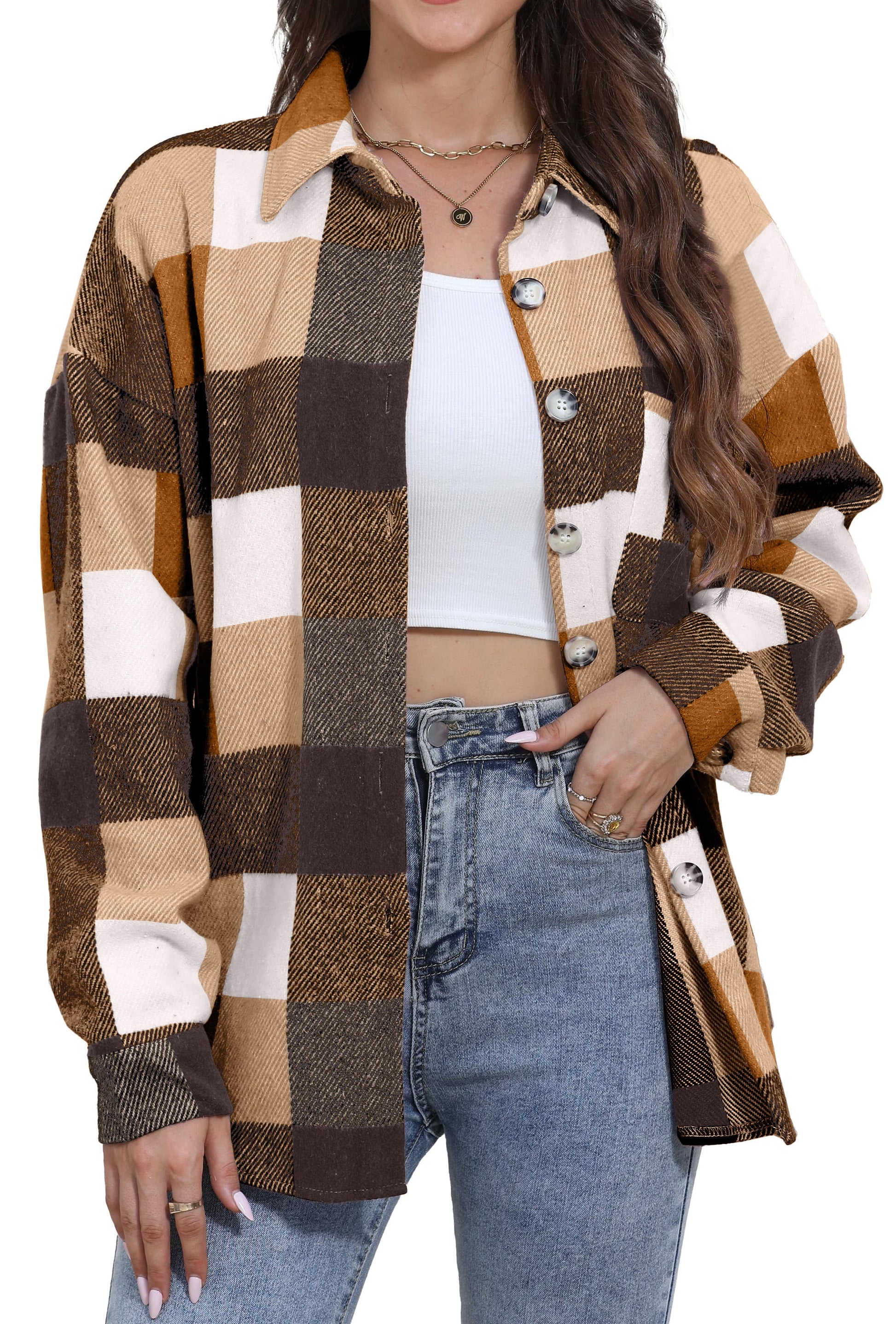 Womens Plaid Shirts Flannel Shacket Jacket Long Sleeve Button down Boyfriend Shirt Coats