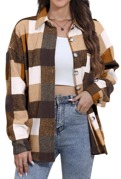 Womens Plaid Shirts Flannel Shacket Jacket Long Sleeve Button down Boyfriend Shirt Coats