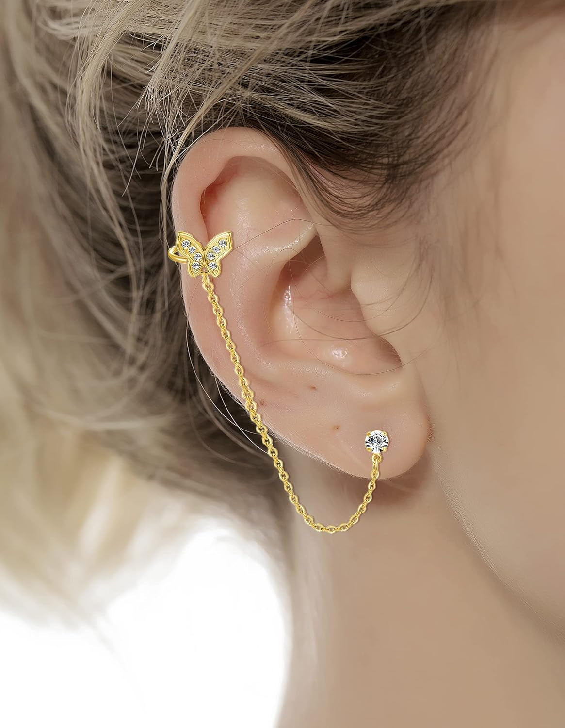 6-12Pcs Cuff Earring Chain Leaf Snowflake Star Butterfly with CZ Crawler Climber Earring Studs Drop Dangling Chain Wrap Tassel Earring for Women Men 20G Silver Gold Tone