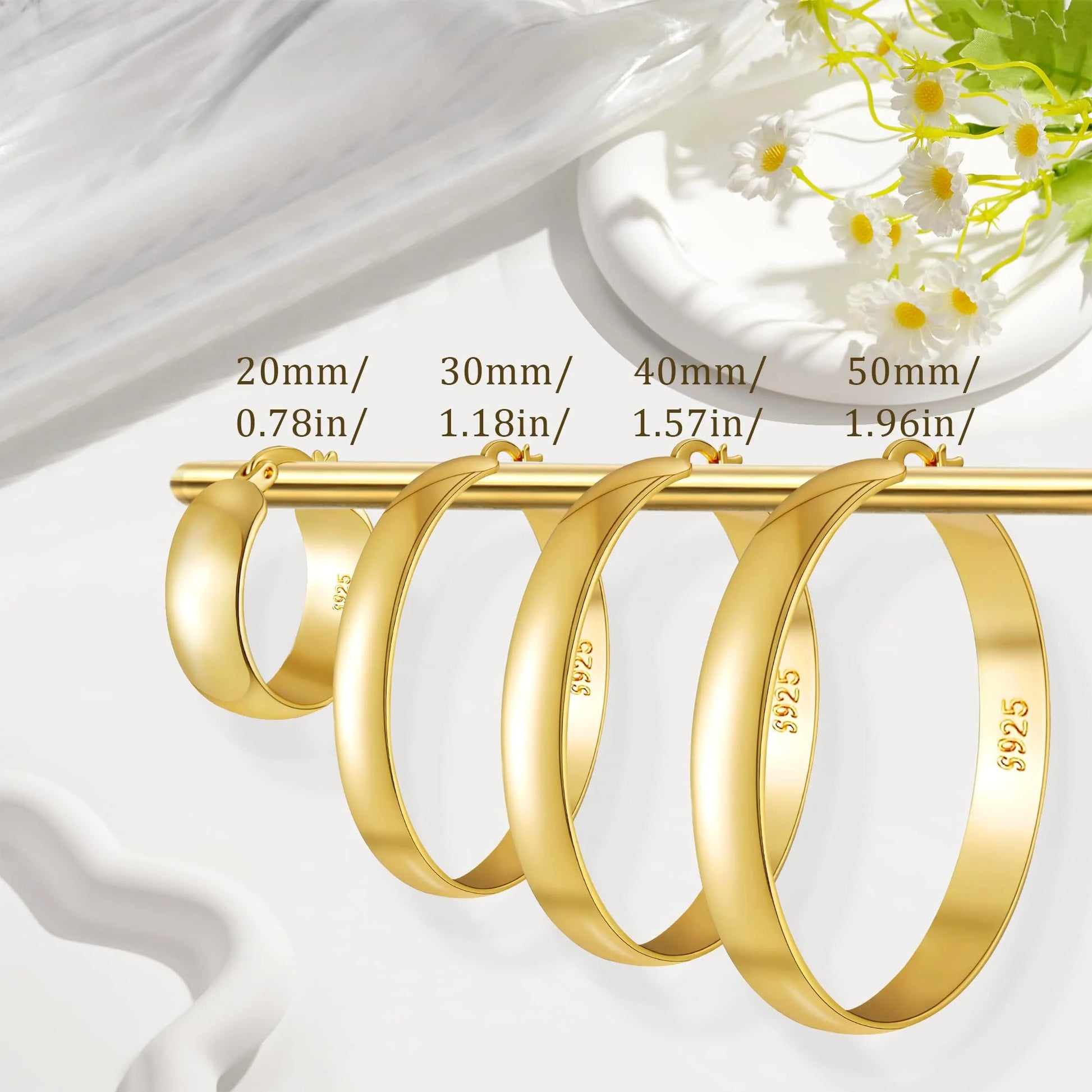 4 Pairs Big Large Extra Chunky 18K Gold Plated Sterling Silver Hoops Earrings for Women 7Mm Thick Hoop Earrings Set 20/30/40/50MM Birthday Jewelry Gifts Ideas Mom Wife Daughter Girlfriend Age