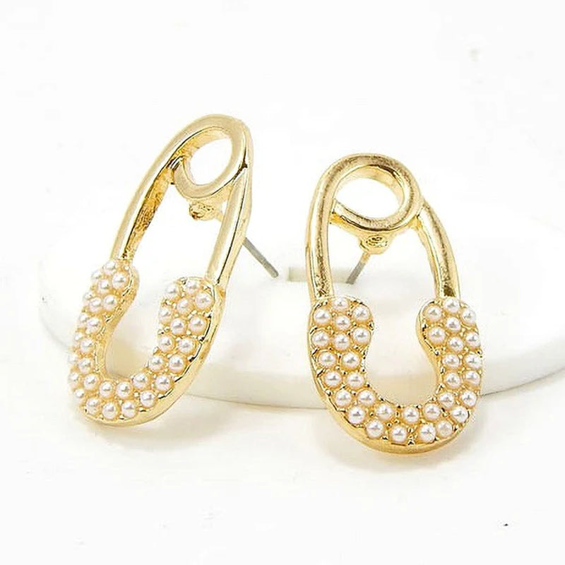 Faux Pearls Safety Pin Stud Earrings