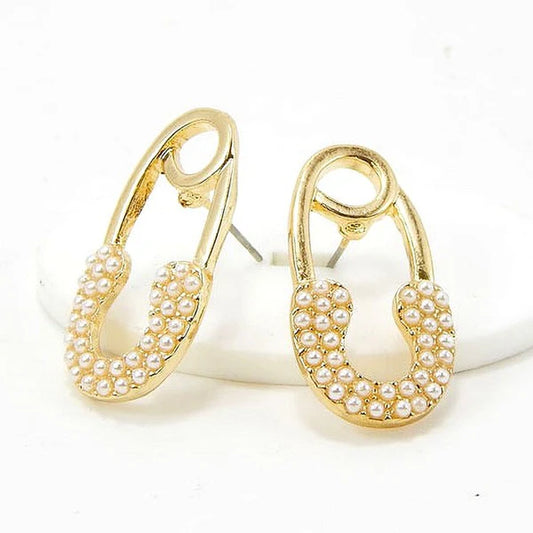 Faux Pearls Safety Pin Stud Earrings