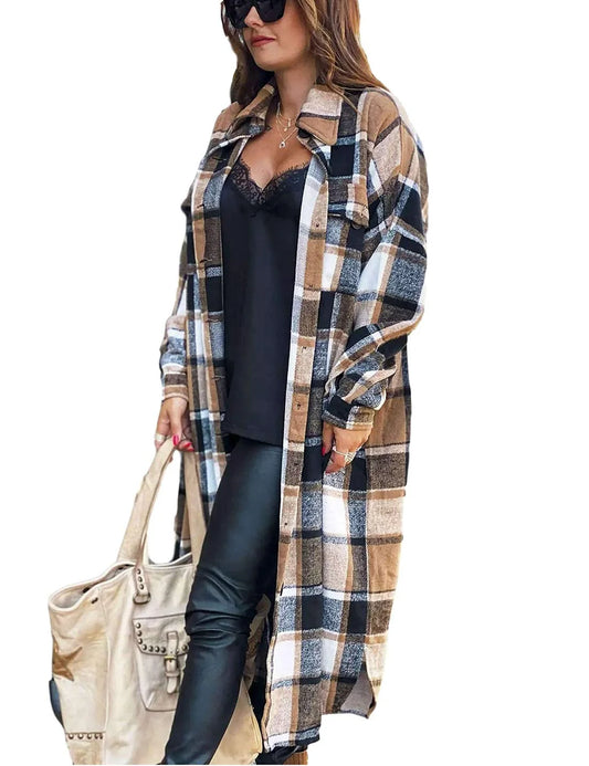 Flannel Shirts for Women Button up Plaid Shirt Long Pocketed Shacket Jacket Coat