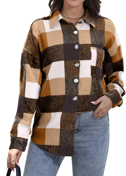 Womens Plaid Shirts Flannel Shacket Jacket Long Sleeve Button down Boyfriend Shirt Coats