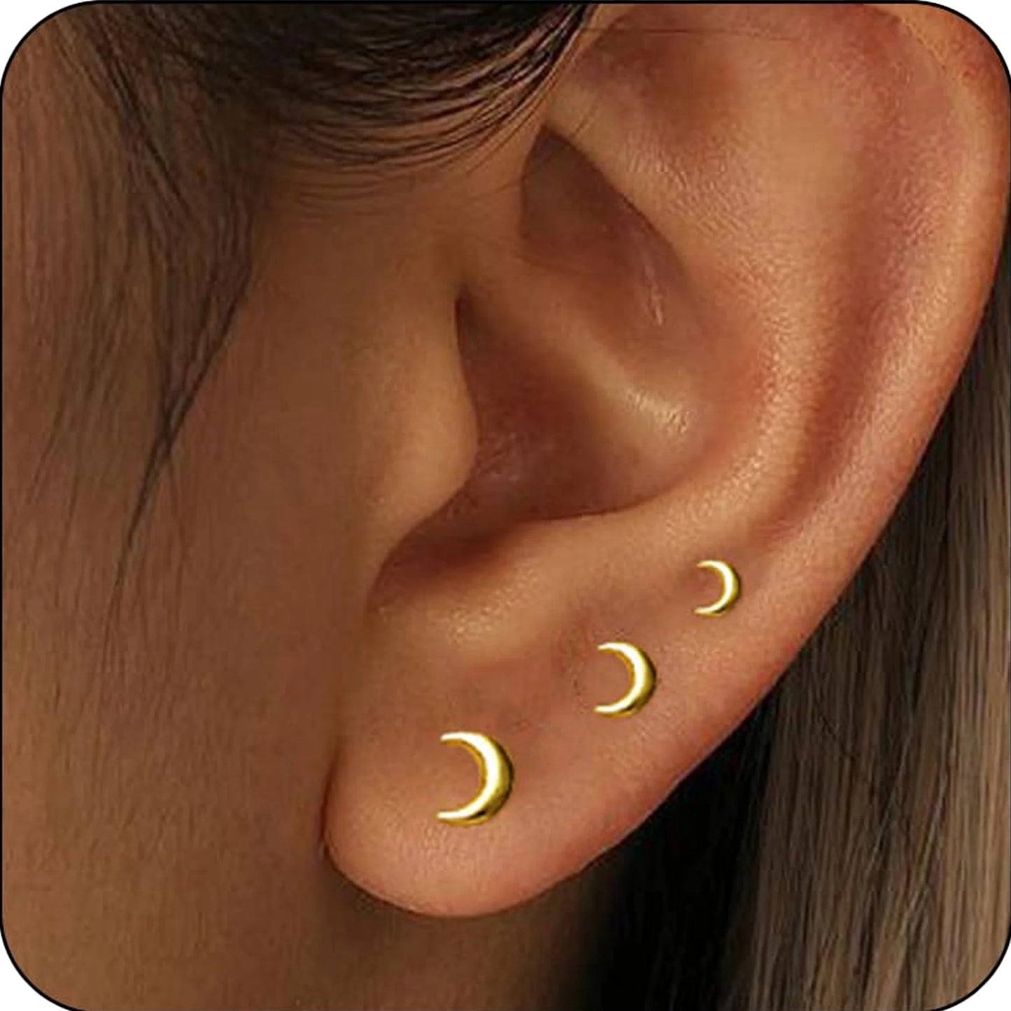 3 Pairs 18K Gold Plated Moon Stud Earrings for Women Small Cartilage Hypoallergenic Post Earring Sets for Multiple Piercing Birthday Valentines Day Jewelry Gifts Teen Girlfriend Wife Her Age