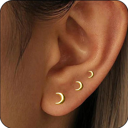 3 Pairs 18K Gold Plated Moon Stud Earrings for Women Small Cartilage Hypoallergenic Post Earring Sets for Multiple Piercing Birthday Valentines Day Jewelry Gifts Teen Girlfriend Wife Her Age