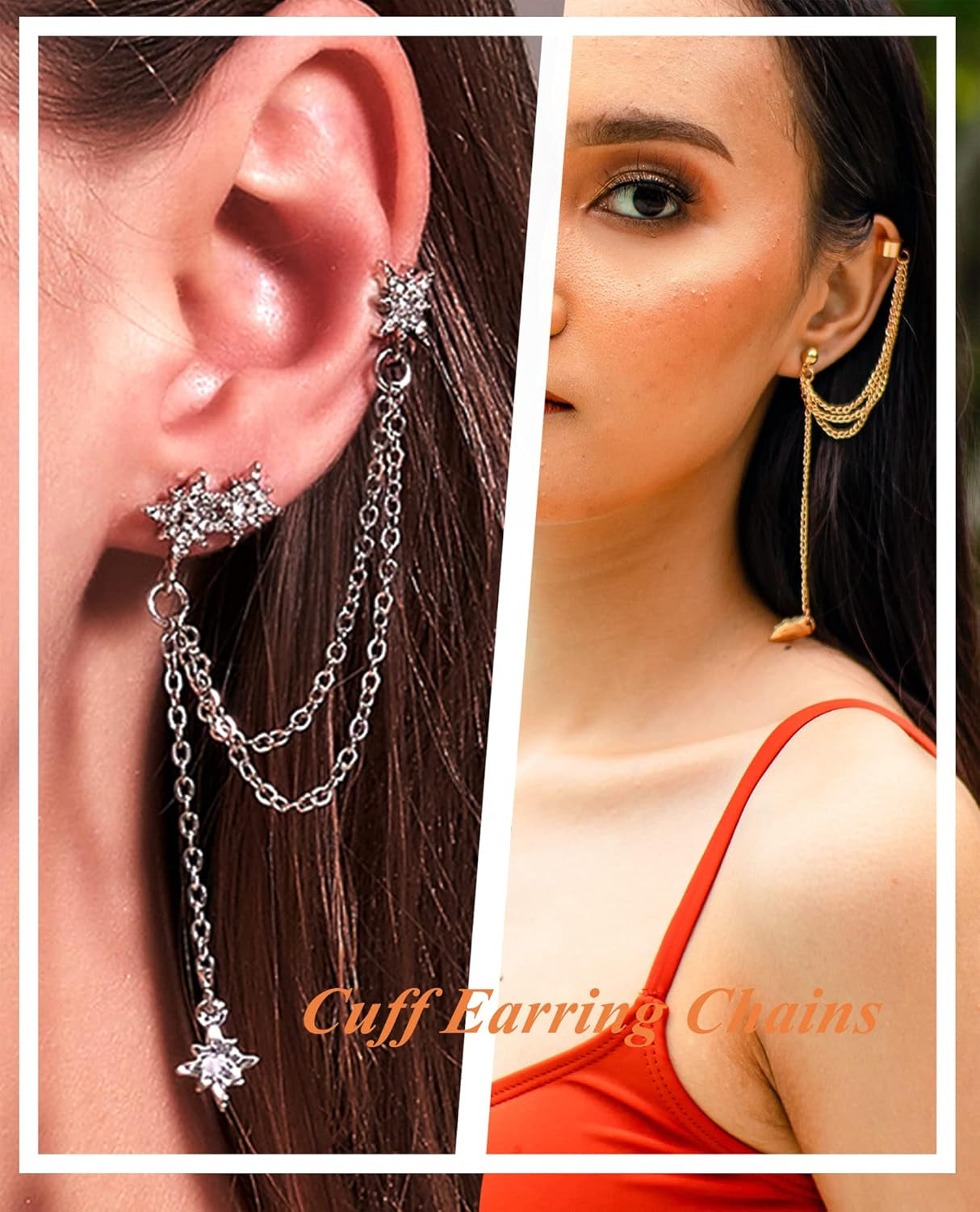 6-12Pcs Cuff Earring Chain Leaf Snowflake Star Butterfly with CZ Crawler Climber Earring Studs Drop Dangling Chain Wrap Tassel Earring for Women Men 20G Silver Gold Tone